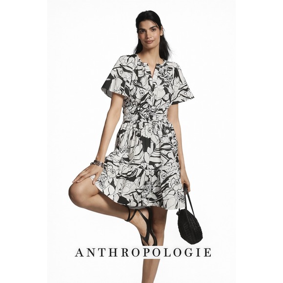 Anthropologie Dresses & Skirts - Anthropologie Somerset Dress Black White Floral Smocked Petite XL P Cotton Mini